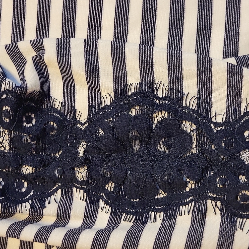 Eliza J. Dress Blue White Stripe Ponte Knit Lace Sleeve 12 Nautical - Picture 6 of 8